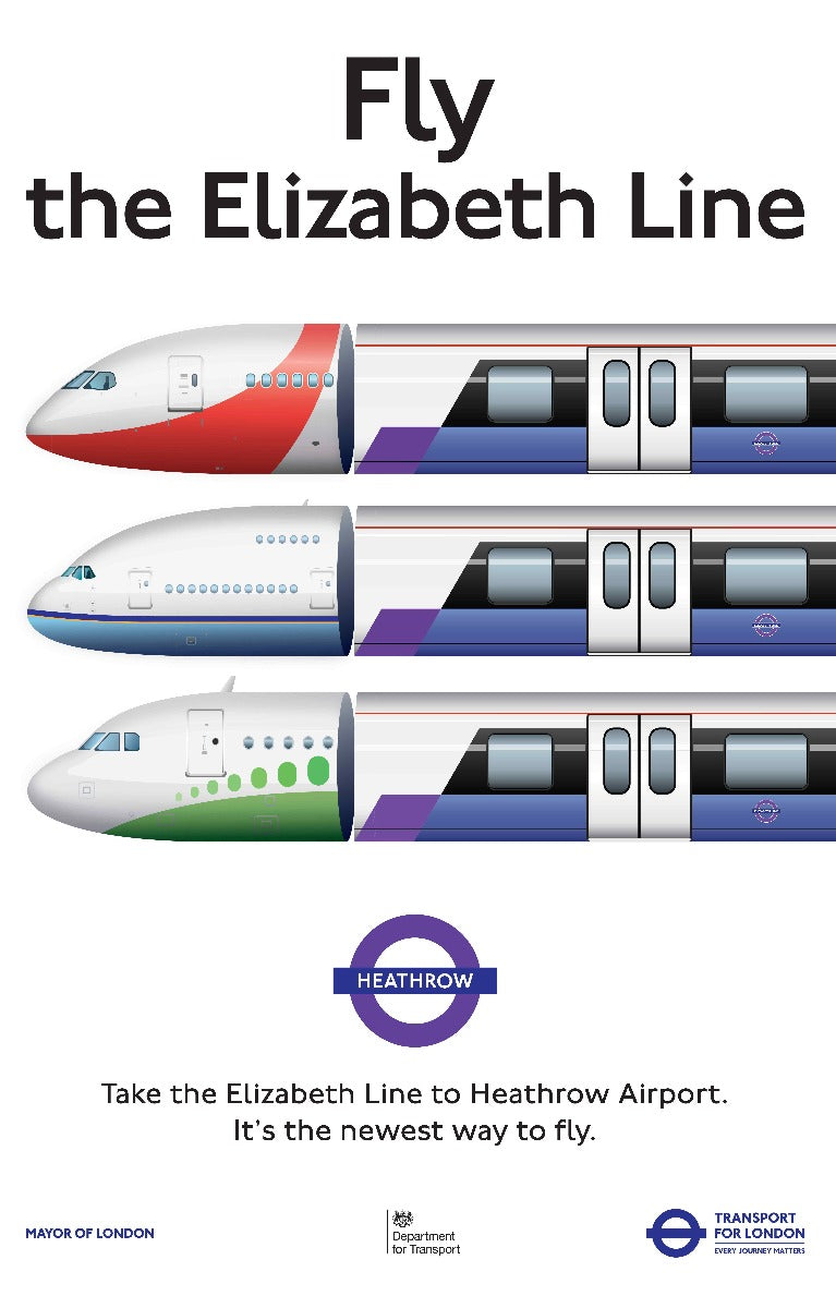 Fly Elizabeth line poster with hybrid train/airplane images and a Heathrow roundel.