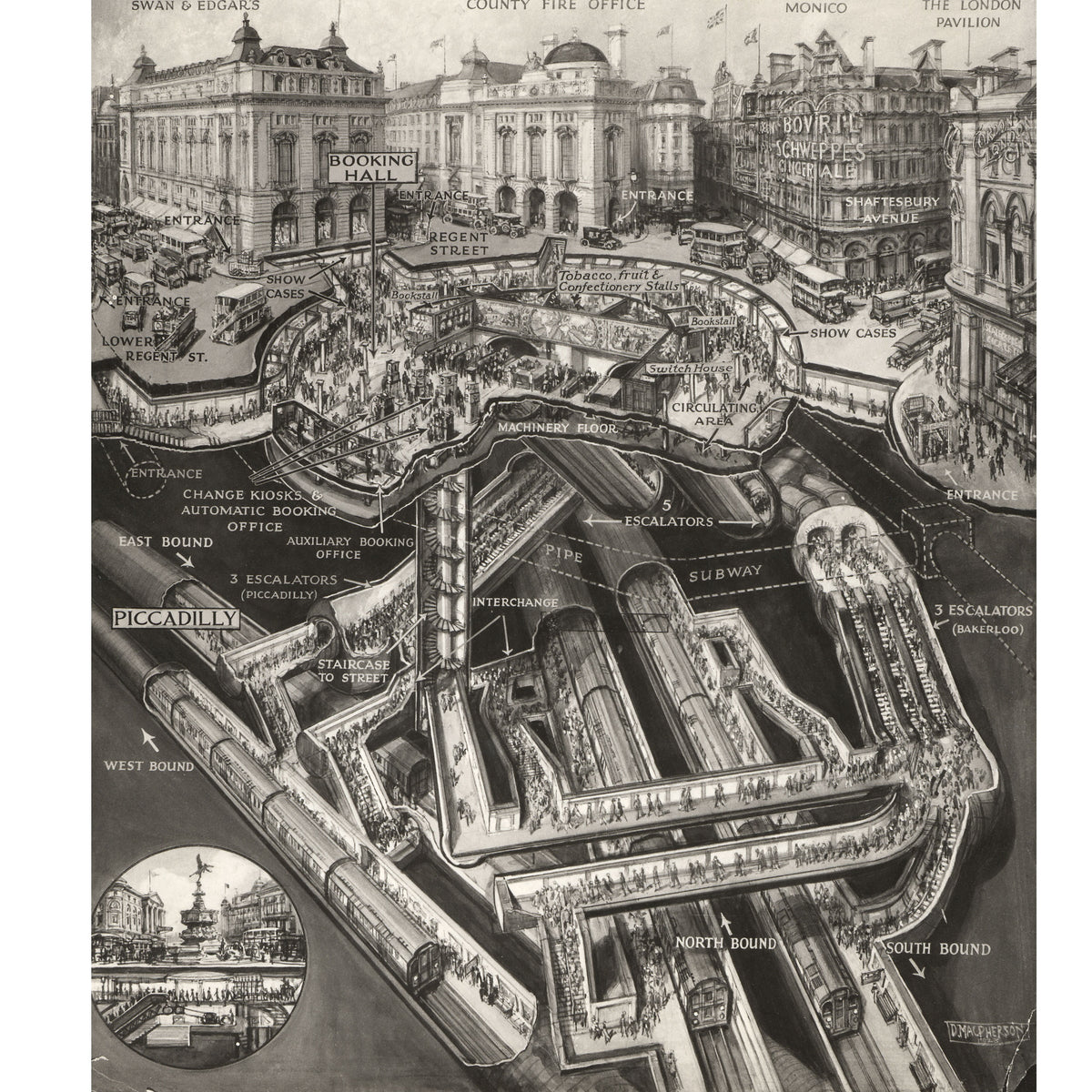 Poster artwork; Piccadilly Circus station; stomach diagram, by Douglas MacPherson, 1928