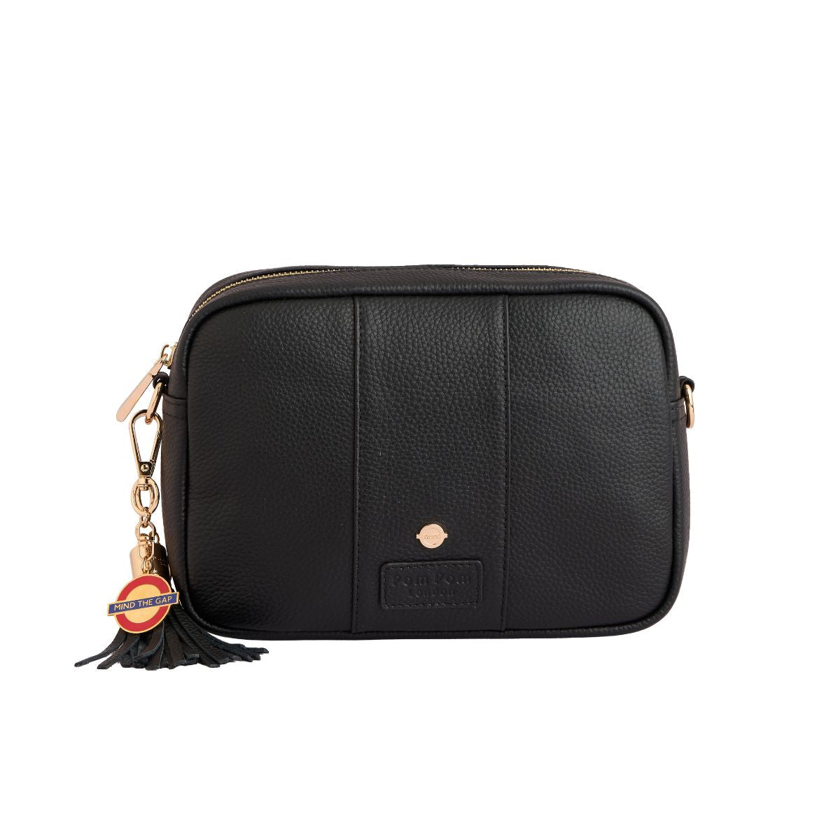 Black leather crossbody bag with a tassel on a white background
