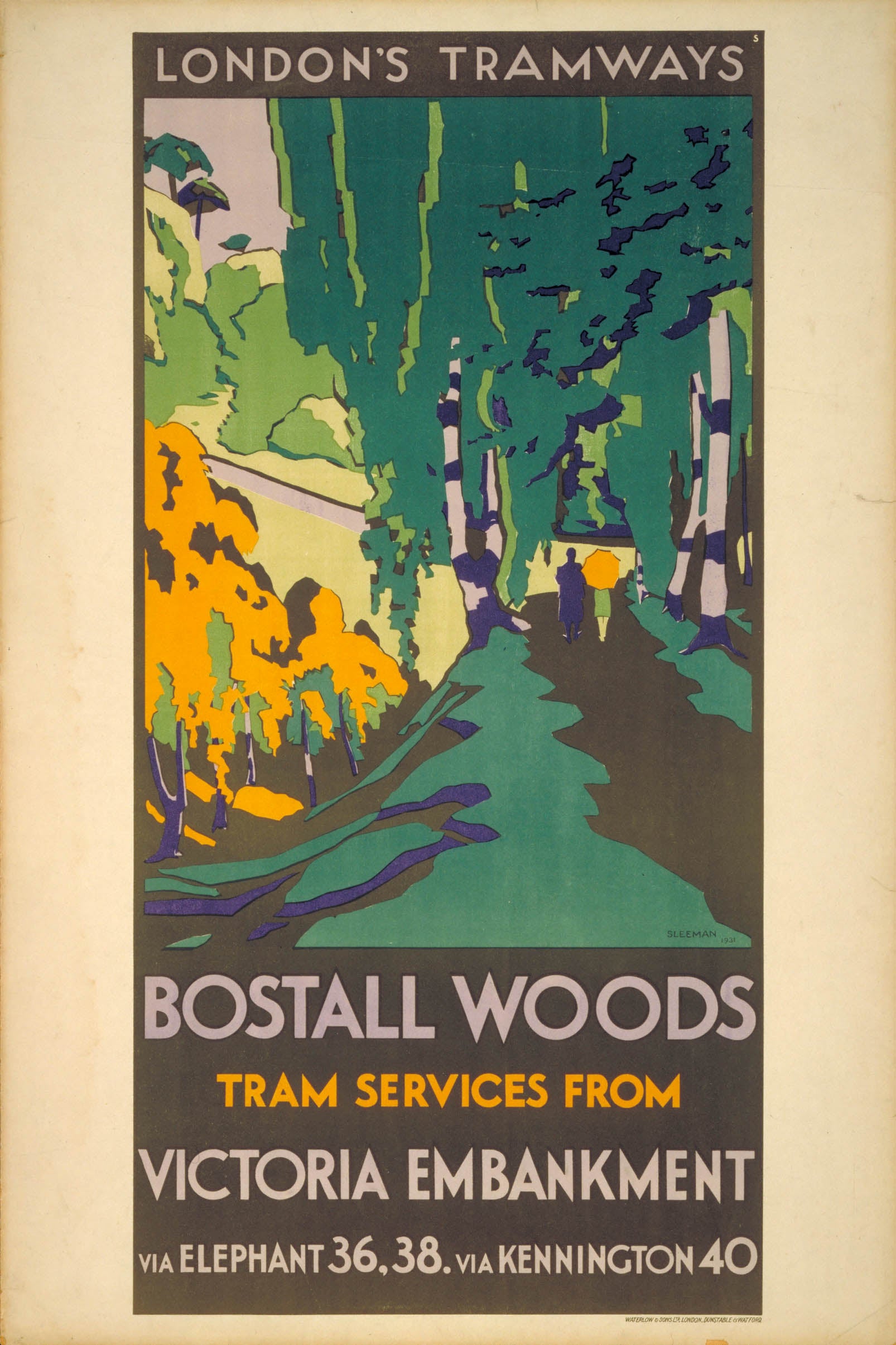Bostall Woods, by R P Sleeman, issued by London County Council Tramways 1931