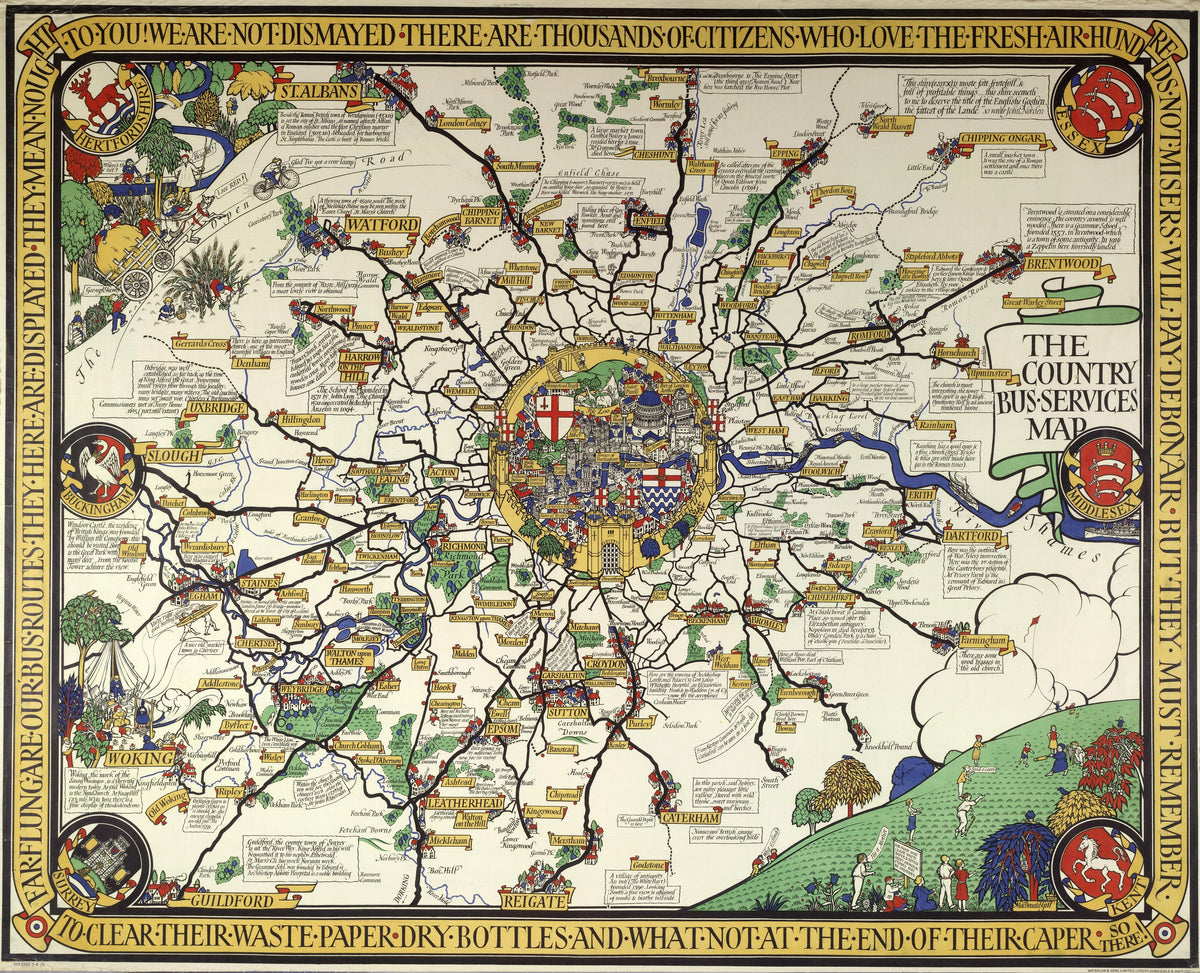 Far flung our bus routes (map), by MacDonald Gill, 1928
