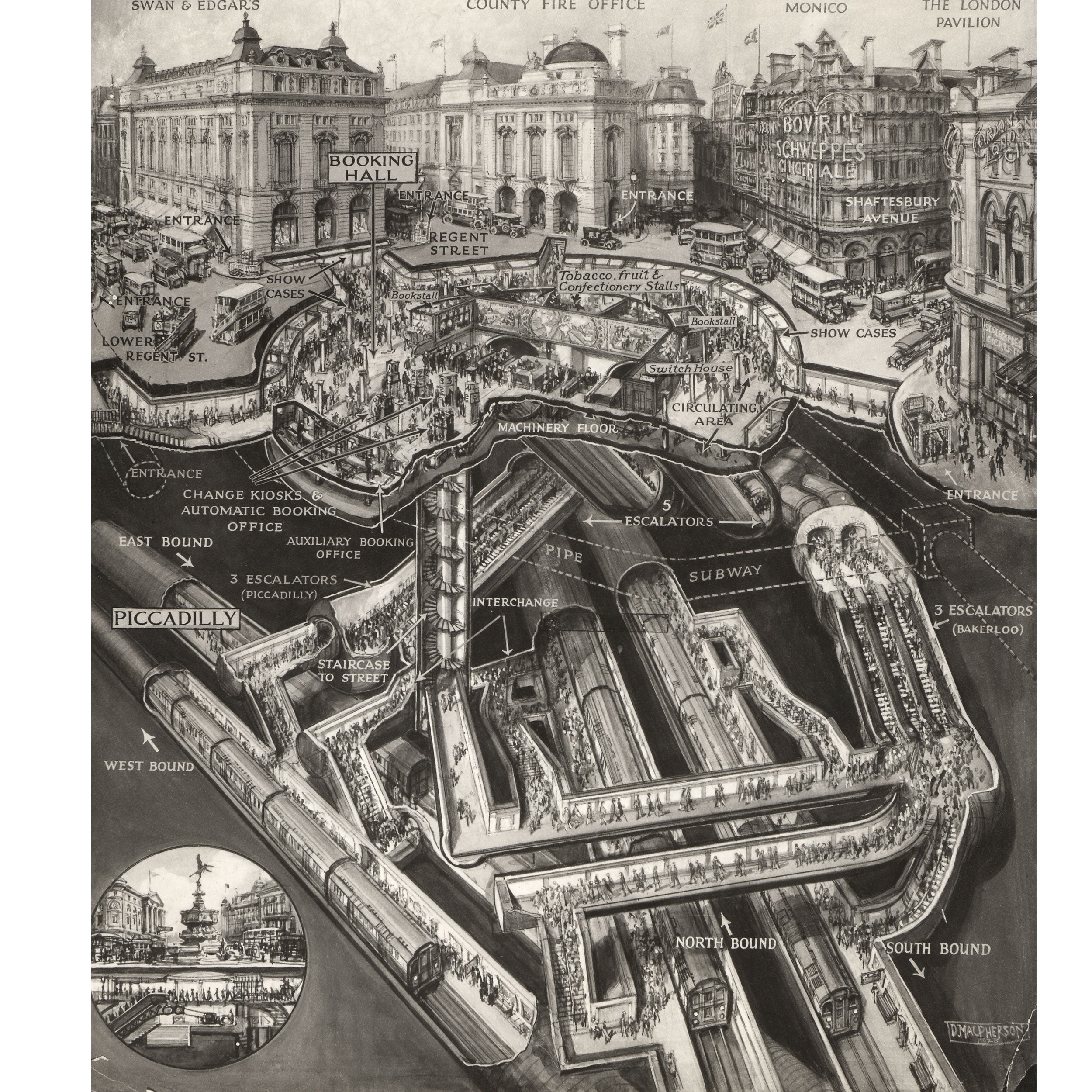 Poster artwork; Piccadilly Circus station; stomach diagram, by Douglas MacPherson, 1928