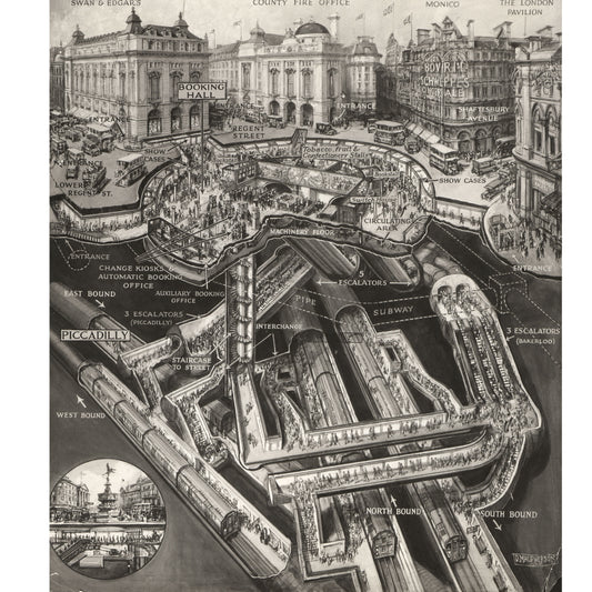 Poster artwork; Piccadilly Circus station; stomach diagram, by Douglas MacPherson, 1928